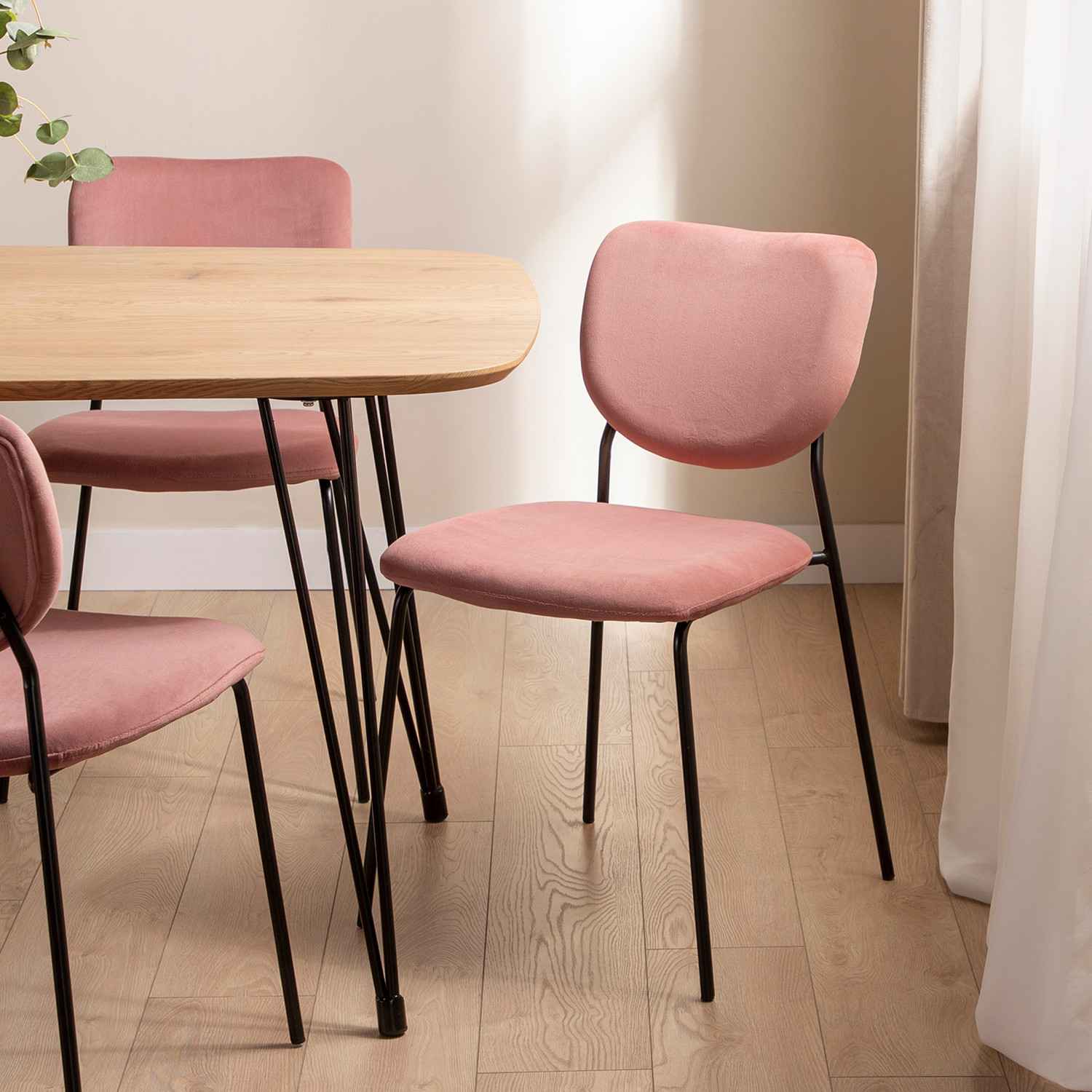 La silla de comedor Taylor en terciopelo rosa es la apuesta perfecta para los amantes del diseño atemporal. Sus patas metálicas en color negro