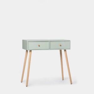 Dale vida a tu hogar con el mueble recibidor Lona lacado en color menta. Sus dos amplios cajones proporcionan espacio para guardar objetos importantes que necesitas al entrar o salir de casa. Recomendamos anclar el mueble a la pared para una mayor estabilidad.