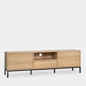 Eleva el estilo y la elegancia de tu sala de estar con el mueble TV 160 en madera color natural Remi. Su hueco central y cajón ofrecen espacio para organizar dispositivos electrónicos