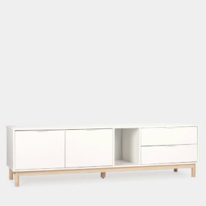 El mueble de TV lacado en color blanco Elian es perfecto para añadir un toque nórdico y acogedor a tu hogar. Sus dos puertas