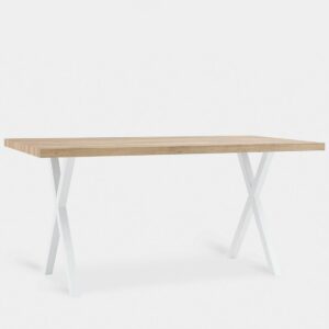 Potencia tu salón con la elegancia de la mesa de comedor rectangular Parks. Con su sobre de acabado natural y sus patas metálicas blancas en forma de cruz