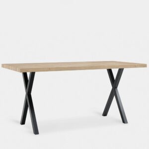 Potencia tu salón con la elegancia de la mesa de comedor rectangular Parks. Con su sobre de acabado natural y sus patas metálicas negras en forma de cruz