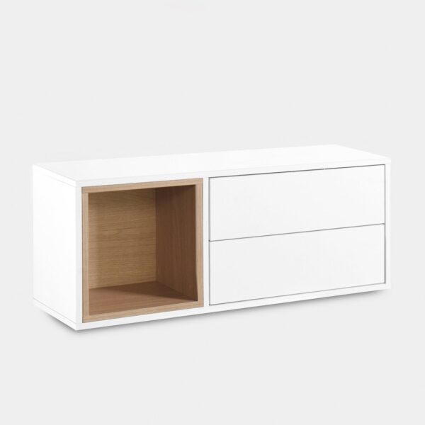 Transforma la entrada de tu hogar con el  mueble recibidor flotante Hazan. Cuenta con dos cajones que permiten almacenar las llaves